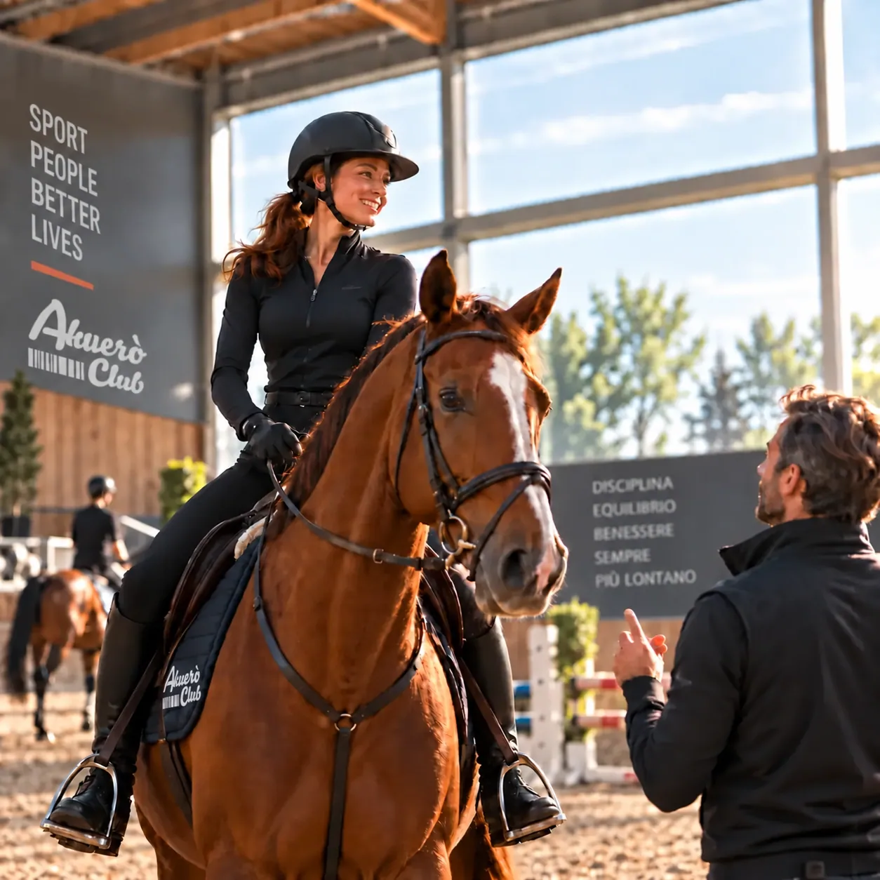 Una donna a cavallo con il suo istruttore in un maneggio
