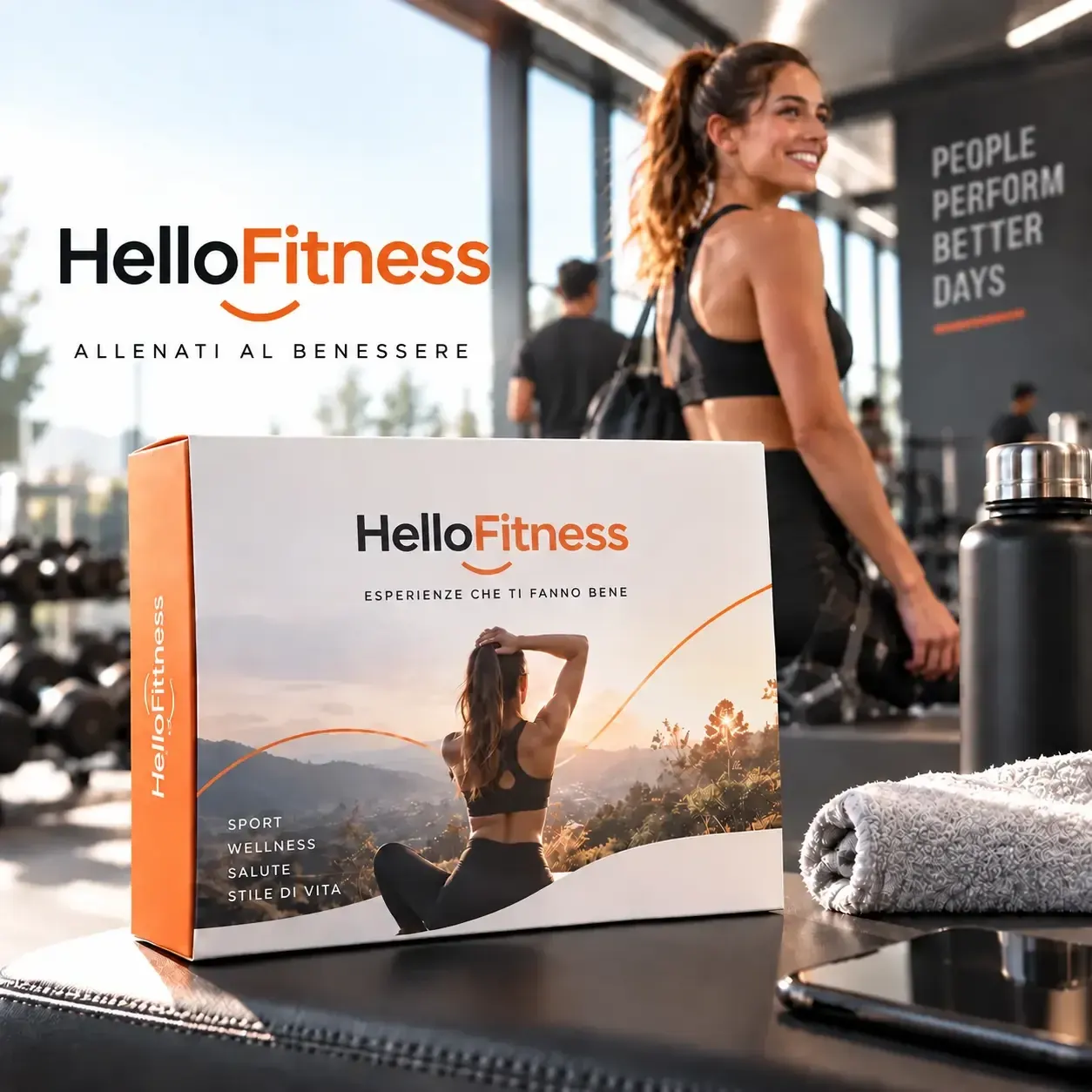 Cofanetto HelloFitness con borraccia e asciugamano in palestra