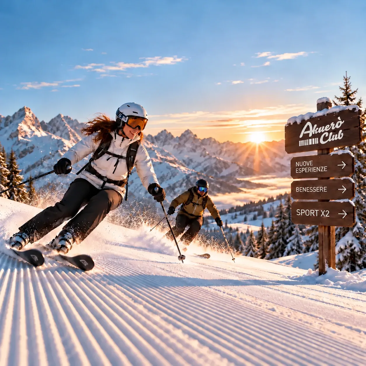 Due sciatori sulle piste alpine al tramonto